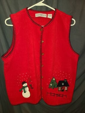 Red Holiday Fleece Vest with Snowman & House Appliqué